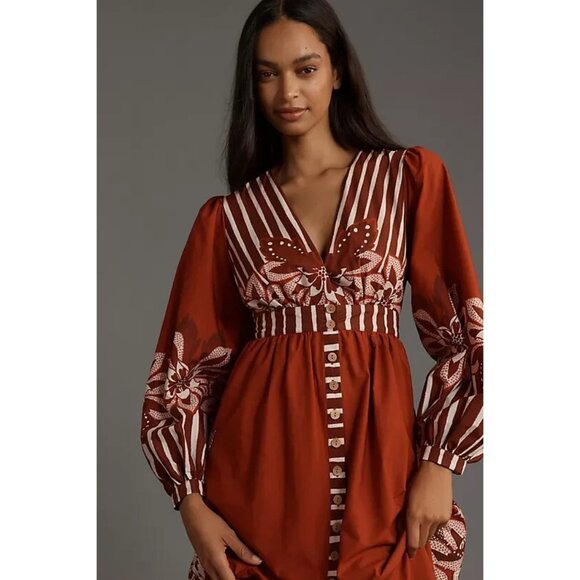 NWT Size M - Farm Rio Long-Sleeve V-Neck Floral Red Midi Dress (NWT US$ 238) - Picture 8 of 12